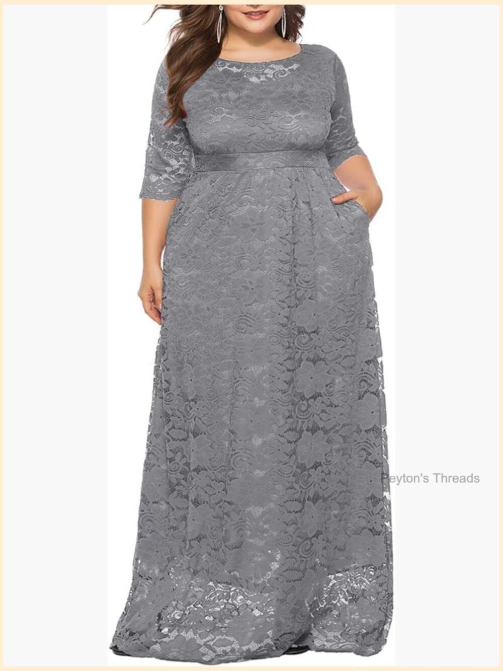 Floral Lace 2/3 Sleeve Maxi Dress Plus Size Evening Party Scoop Neck